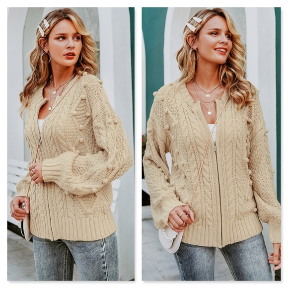 Zip Up Pom Pom Beige Cardigan - Picture 5 of 8